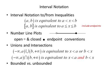 Interval Notation Interval Notation to/from Inequalities Number Line Plots open & closed endpoint conventions Unions and Intersections Bounded vs. unbounded.