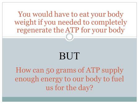 How can 50 grams of ATP supply enough energy to our body to fuel us for the day? You would have to eat your body weight if you needed to completely regenerate.