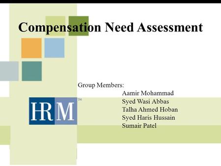 Compensation Need Assessment Group Members: Aamir Mohammad Syed Wasi Abbas Talha Ahmed Hoban Syed Haris Hussain Sumair Patel.