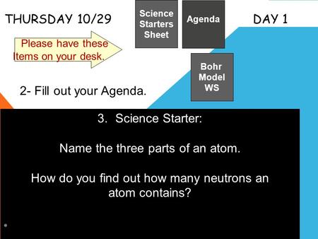 Name the three parts of an atom.