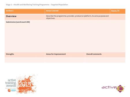 Section 1Areas Covered Score / 5 Overview Describe the programme, provider, product or platform, its core purpose and objectives. Submission (word count.