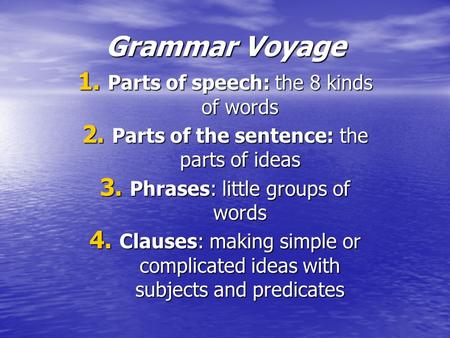 Grammar Voyage 1. Parts of speech: the 8 kinds of words 2. Parts of the sentence: the parts of ideas 3. Phrases: little groups of words 4. Clauses: making.