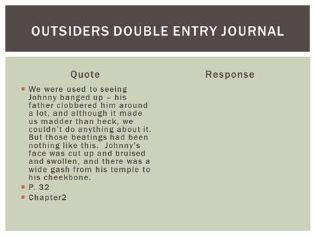 Quote  We were used to seeing Johnny banged up – his father clobbered him around a lot, and although it made us madder than heck, we couldn’t do anything.