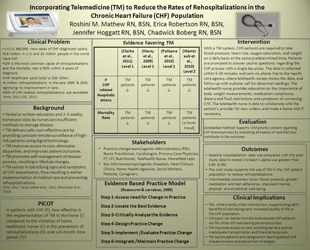 Incorporating Telemedicine (TM) to Reduce the Rates of Rehospitalizations in the Chronic Heart Failure (CHF) Population Roshini M. Mathew RN, BSN, Erica.