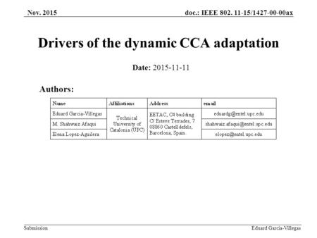 Doc.: IEEE 802. 11-15/1427-00-00ax Submission Eduard Garcia-Villegas Drivers of the dynamic CCA adaptation Authors: Nov. 2015 Date: 2015-11-11.