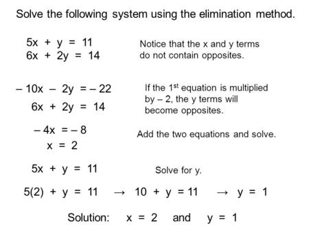 Solve the following system using the elimination method.