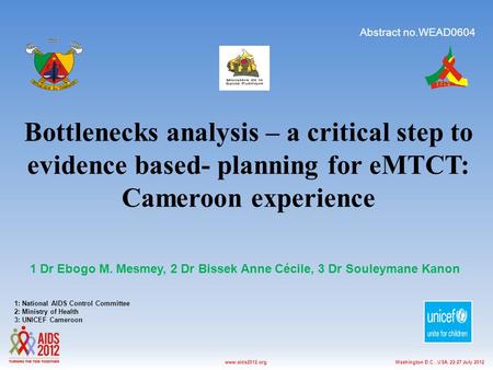 Washington D.C., USA, 22-27 July 2012www.aids2012.org Bottlenecks analysis – a critical step to evidence based- planning for eMTCT: Cameroon experience.