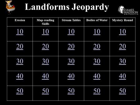 Landforms Jeopardy ErosionMap-reading Skills Stream TablesBodies of WaterMystery Round 10 20 30 40 50.