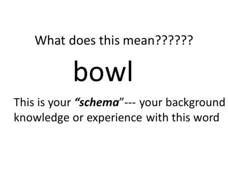 Bowl What does this mean?????? This is your “schema”--- your background knowledge or experience with this word.