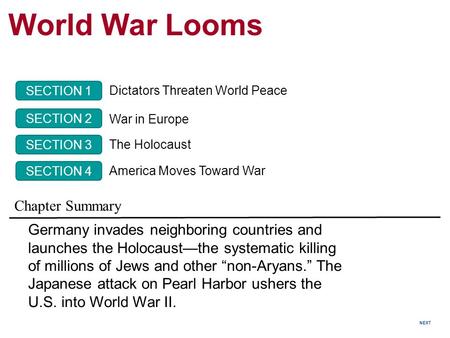 World War Looms Germany invades neighboring countries and launches the Holocaust—the systematic killing of millions of Jews and other “non-Aryans.” The.