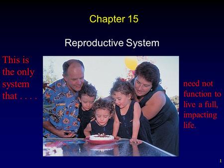 1 Chapter 15 Reproductive System This is the only system that.... need not function to live a full, impacting life.