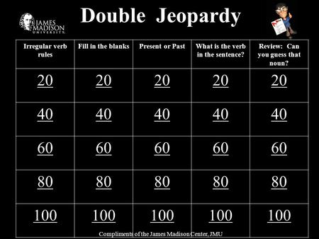 Double Jeopardy Irregular verb rules Fill in the blanksPresent or PastWhat is the verb in the sentence? Review: Can you guess that noun? 20 40 60 80 100.