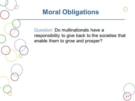 Moral Obligations Question: Do multinationals have a responsibility to give back to the societies that enable them to grow and prosper?