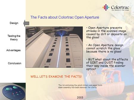 Design Testing the theory Advantages Conclusion 2003 The Facts about Colortrac Open Aperture Open Aperture prevents streaks in the scanned image caused.