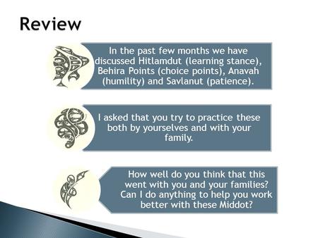 In the past few months we have discussed Hitlamdut (learning stance), Behira Points (choice points), Anavah (humility) and Savlanut (patience). I asked.