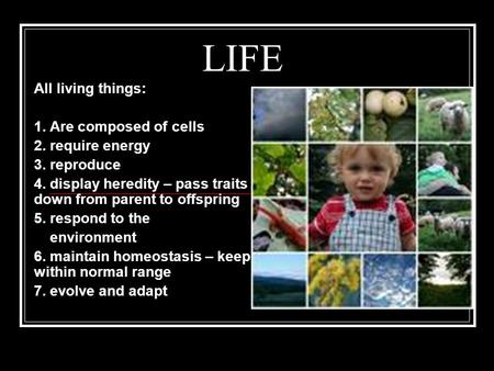 LIFE All living things: 1. Are composed of cells 2. require energy 3. reproduce 4. display heredity – pass traits down from parent to offspring 5. respond.