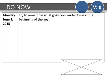 DO NOW V: 0 Monday June 1, 2015 Try to remember what goals you wrote down at the beginning of the year.