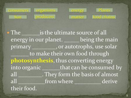 The ______is the ultimate source of all energy in our planet. _____ being the main primary ________, or autotrophs, use solar ______ to make their own.