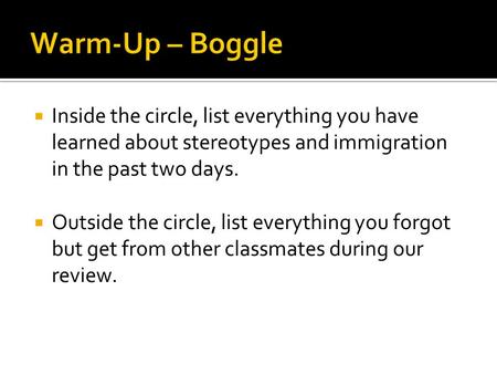  Inside the circle, list everything you have learned about stereotypes and immigration in the past two days.  Outside the circle, list everything you.