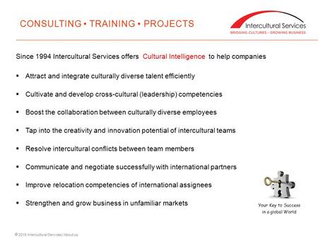  2015 Intercultural Services | About us Since 1994 Intercultural Services offers Cultural Intelligence to help companies  Attract and integrate culturally.