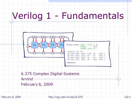 February 6, 2009http://csg.csail.mit.edu/6.375/L02-1 Verilog 1 - Fundamentals 6.375 Complex Digital Systems Arvind February 6, 2009 FA module adder( input.