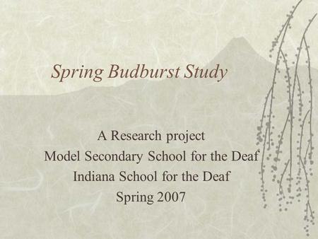 Spring Budburst Study A Research project Model Secondary School for the Deaf Indiana School for the Deaf Spring 2007.