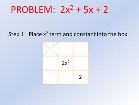 Step 1: Place x 2 term and constant into the box 2x 2 2 PROBLEM: 2x 2 + 5x + 2.