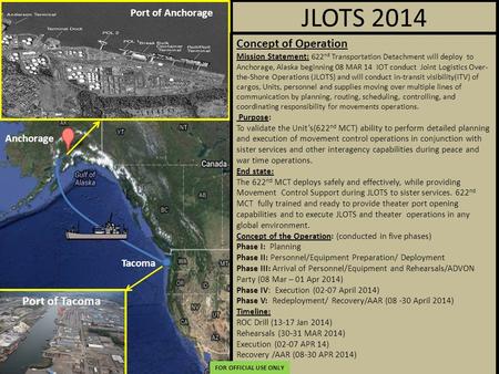 UNCLASSIFIED JLOTS 2014 Port of Anchorage Tacoma Port of Tacoma Anchorage Concept of Operation Mission Statement: 622 nd Transportation Detachment will.