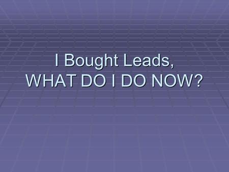 I Bought Leads, WHAT DO I DO NOW?. What Have You Done So Far?  Getting your carrier appointments  Getting through training  Getting your website set.