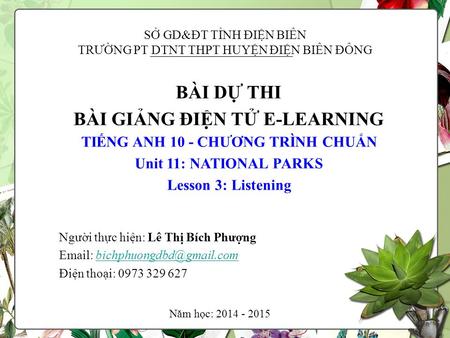 SỞ GD&ĐT TỈNH ĐIỆN BIÊN TRƯỜNG PT DTNT THPT HUYỆN ĐIỆN BIÊN ĐÔNG BÀI DỰ THI BÀI GIẢNG ĐIỆN TỬ E-LEARNING Người thực hiện: Lê Thị Bích Phượng