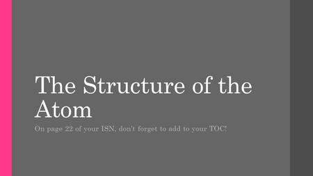 The Structure of the Atom On page 22 of your ISN, don’t forget to add to your TOC!