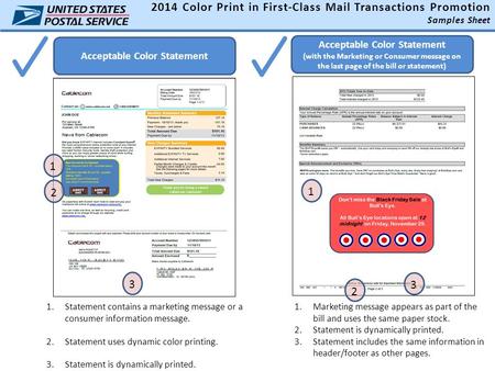 Acceptable Color Statement 2014 Color Print in First-Class Mail Transactions Promotion Samples Sheet 1.Statement contains a marketing message or a consumer.