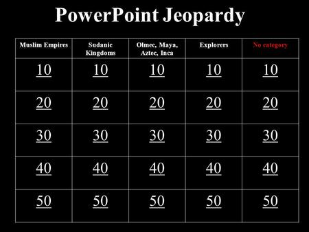 PowerPoint Jeopardy Muslim EmpiresSudanic Kingdoms Olmec, Maya, Aztec, Inca ExplorersNo category 10 20 30 40 50.