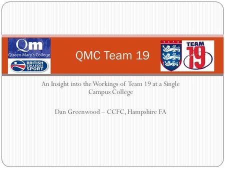 An Insight into the Workings of Team 19 at a Single Campus College Dan Greenwood – CCFC, Hampshire FA QMC Team 19.