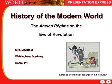 History of the Modern World The Ancien Régime on the Eve of Revolution Mrs. McArthur Walsingham Academy Room 111 Mrs. McArthur Walsingham Academy Room.