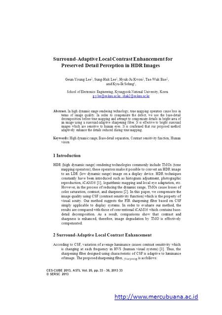 Surround-Adaptive Local Contrast Enhancement for Preserved Detail Perception in HDR Images Geun-Young Lee 1, Sung-Hak Lee 1, Hyuk-Ju Kwon 1, Tae-Wuk Bae.