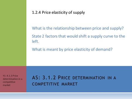 1.2.4 Price elasticity of supply What is the relationship between price and supply? State 2 factors that would shift a supply curve to the left. What is.