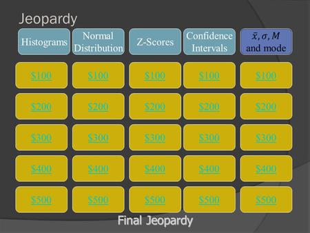 Jeopardy $100 Histograms Normal Distribution Z-Scores Confidence Intervals $200 $300 $400 $500 $400 $300 $200 $100 $500 $400 $300 $200 $100 $500 $400.