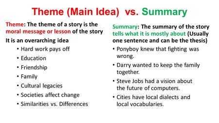 Theme (Main Idea) vs. Summary Theme: The theme of a story is the moral message or lesson of the story It is an overarching idea Hard work pays off Education.