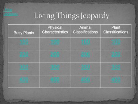 Busy Plants Physical Characteristics Animal Classifications Plant Classifications 100 200 300 400 Final Jeopardy.