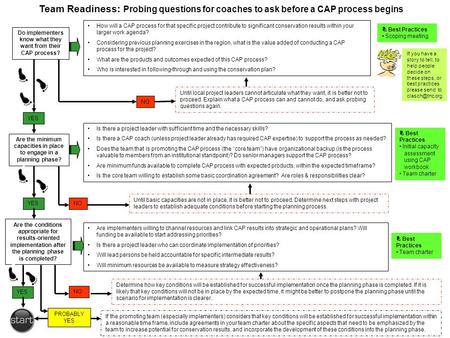 Team Readiness: Probing questions for coaches to ask before a CAP process begins Do implementers know what they want from their CAP process? Are the minimum.