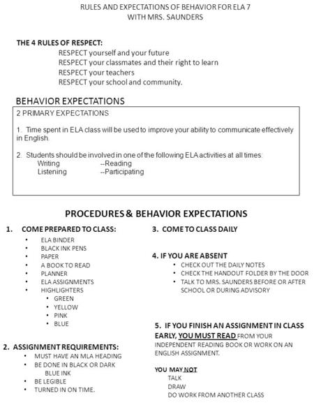 RULES AND EXPECTATIONS OF BEHAVIOR FOR ELA 7 WITH MRS. SAUNDERS THE 4 RULES OF RESPECT: RESPECT yourself and your future RESPECT your classmates and their.