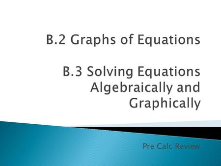 Pre Calc Review.  Appendix B-2 ◦ Plot points on a graph ◦ Find x and y intercepts  X intercepts (, 0)  Y intercepts ( 0, ) ◦ Graph equations with a.