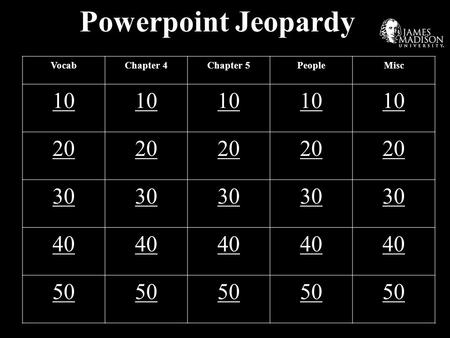 Powerpoint Jeopardy VocabChapter 4Chapter 5PeopleMisc 10 20 30 40 50.