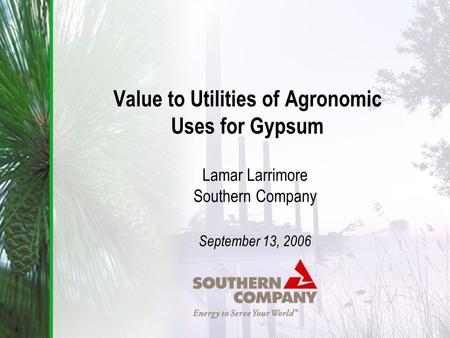 Value to Utilities of Agronomic Uses for Gypsum Lamar Larrimore Southern Company September 13, 2006.