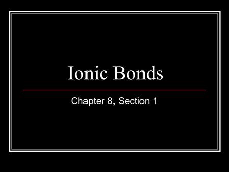 Ionic Bonds Chapter 8, Section 1. Vocabulary Anion Cation Chemical bon Formula unit Ionic bond Lattice energy Monatomic ion Oxidation number Polyatomic.