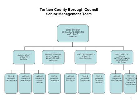 1 Torfaen County Borough Council Senior Management Team HEAD OF ADULT SERVICES Ian Cutler HEAD OF HOUSING PERFORMANCE & PARTNERSHIPS Neil Howell JOINT.