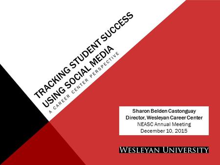 TRACKING STUDENT SUCCESS USING SOCIAL MEDIA A CAREER CENTER PERSPECTIVE Sharon Belden Castonguay Director, Wesleyan Career Center NEASC Annual Meeting.