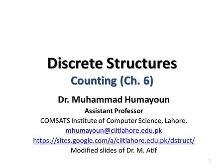 Discrete Structures Counting (Ch. 6)