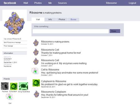 Facebook Ribosome is making proteins. WallPhotosMeSourcesRibosomeLogout View photos of Ribosome (5) Send Ribosome a message Poke message Wall InfoPhotosBoxes.